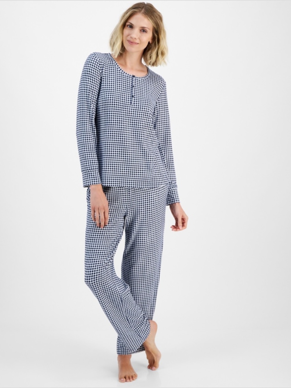 Charter Club Women's Printed Long-Sleeve Packaged Pajamas Top, Gingham Check, S